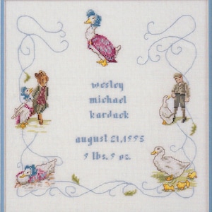 Pode incluir: Um bordado em ponto cruz sobre tecido branco com bordas de volutas azuis, vários patos, uma pessoa de casaco verde e outra de roupa castanha. O texto azul diz: wesley, michael, kardack, august 21, 1995, 9 lbs. 9 oz.