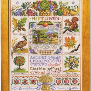 Autumn Sampler Cross Stitch Pattern: Squirrel, Pheasant, Fruit Trees (PDF)