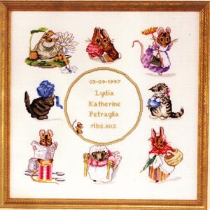 Beatrix Potter Storybook Sampler Cross Stitch Pattern – Baby Birth Record Animal Embroidery Design