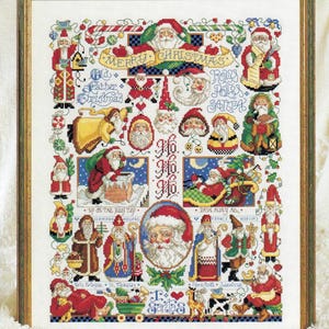 Könnte beinhalten: Ein gerahmtes Kreuzstichbild mit verschiedenen Darstellungen des Weihnachtsmanns und Texten wie Merry Christmas, Ho Ho Ho, Old Father Christmas und St. Nikolas. Das Design zeigt rote, grüne und goldene Farben auf einem weißen Stoffhintergrund.