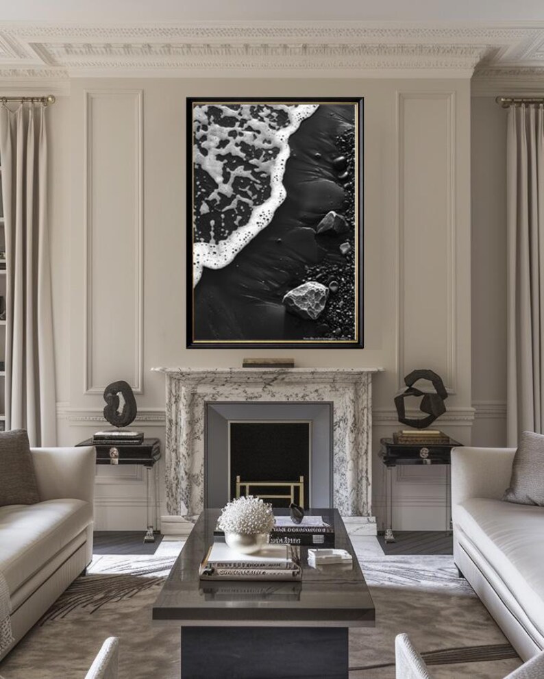 Black Sand Beach Print, Monochrome Ocean Foam Photography, Minimalist ...