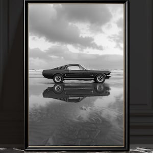 Ford Mustang Fastback-tryck, svartvit väggkonst för muskelbilar, vintagefotografi