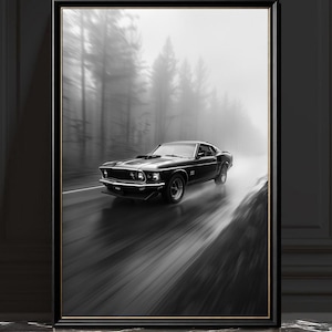 Ford Mustang Fastback-tryck, svartvitt muskelbilfotografi, monokrom bildekor