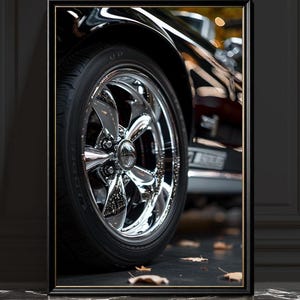 Ford Mustang Fastback-tryck, svartvitt muskelbilfotografi, monokrom bildekor