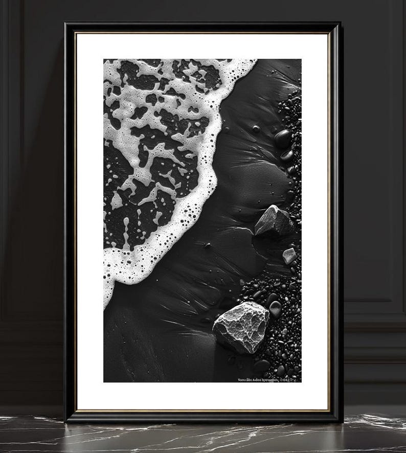 Black Sand Beach Print, Monochrome Ocean Foam Photography, Minimalist ...