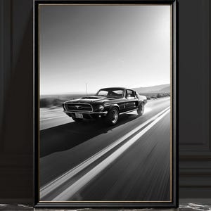 Ford Mustang Fastback-tryck, svartvitt muskelbilfotografi, monokrom bildekor