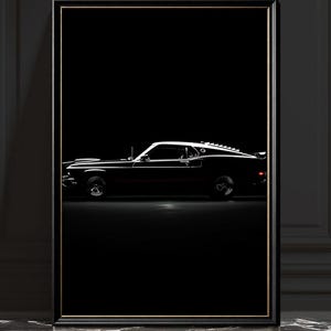 Ford Mustang Fastback-tryck, svartvitt muskelbilfotografi, monokrom bildekor