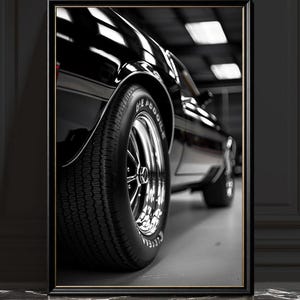 Ford Mustang Fastback-tryck, svartvitt muskelbilfotografi, monokrom bildekor