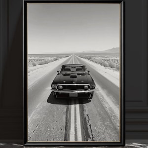 Ford Mustang Fastback-tryck, svartvitt muskelbilfotografi, monokrom bildekor