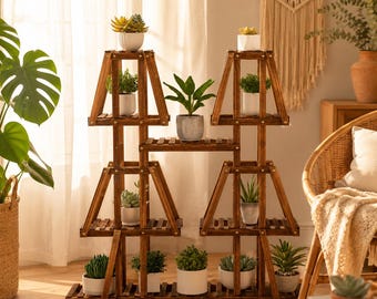 Wooden Plant Shelf 5 Tier Trapezoid | Indoor Outdoor Flowerpot Holder Rack for Living Room, Balcony, Patio, Porch, Corner, Garden Decor Gift