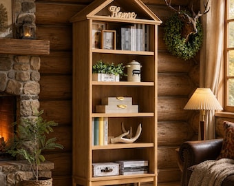 75.9" Tall Farmhouse Bookcase – Modern Arched 5-Tier Wood Shelf w/ Adjustable Shelves for Living Room & Office Decor