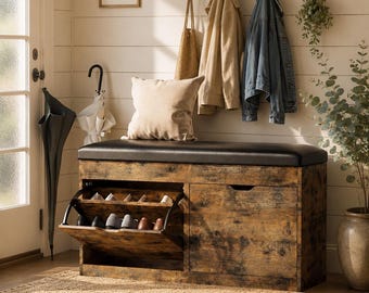 40" Padded Shoe Bench with Flip Drawers – Rustic Entryway Storage Cabinet w/ Lift-Top Box & Soft Seat Cushion for Small Spaces