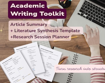 May include: An overhead shot of a workspace featuring a laptop, notebooks, and printed templates. The image includes text that reads "Academic Writing Toolkit" and "Turn research into structured writing."
