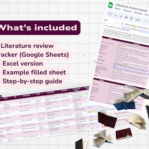 May include: A digital literature review tracker template for Google Sheets and Excel, featuring a step-by-step guide and an example filled sheet. The interface displays columns for article titles, authors, years, methodology, samples, and key findings.