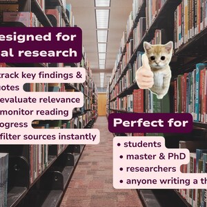 May include: A digital graphic featuring a library aisle background with a ginger kitten giving a thumbs up. Text reads: Designed for real research, track key findings & quotes, evaluate relevance, monitor reading progress, filter sources instantly, Perfect for, students, master & PhD, researchers, anyone writing a thesis.