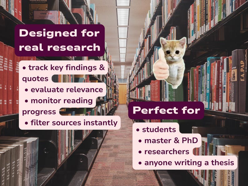 May include: A digital graphic featuring a library aisle background with a ginger kitten giving a thumbs up. Text reads: Designed for real research, track key findings & quotes, evaluate relevance, monitor reading progress, filter sources instantly, Perfect for, students, master & PhD, researchers, anyone writing a thesis.