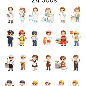Può includere: Un'illustrazione colorata intitolata "Community Helpers 24 Jobs" con 24 personaggi dei cartoni animati che rappresentano varie professioni. Le figure includono medici, infermieri, vigili del fuoco, poliziotti, chef e operai edili. L'immagine è su sfondo bianco.