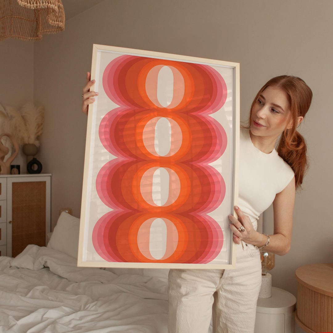 Retro Wall Art Print, Orange Pink Geometric Shapes, Mid Century Modern ...
