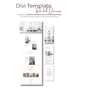 May include: A website design template for rental owners, designed for Airbnb, holiday homes, and boutique stays. The template includes a full design system and reusable sections. The text "Divi Template Rental Owners" is at the top.