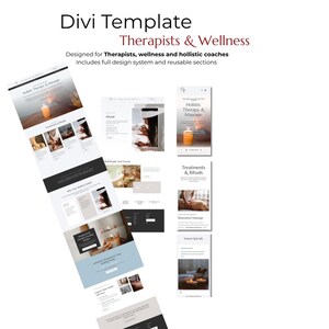 May include: A website template design for therapists, wellness, and holistic coaches. The design includes multiple website page layouts with images and text. The text reads "Divi Template Therapists & Wellness".