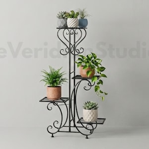 May include: A black metal plant stand with four tiered shelves featuring scrollwork accents. The stand holds five potted plants, including a fern, a trailing green plant, and three small succulents in textured, white, and terracotta pots.