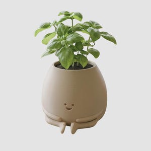May include: A beige ceramic planter shaped like an egg, with a smiling face and arms holding the base. The planter holds a green basil plant. The website address www.LeVeridianStudio.etsy.com is at the bottom.