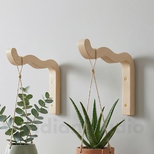Könnte beinhalten: Zwei hellfarbene, wandmontierte Pflanzenhalterungen aus Holz mit wellenförmigem Design. Eine Halterung trägt einen grünen Keramiktopf mit einer Blattpflanze, die andere einen terrakottafarbenen Topf mit Aloe, beide an dünnen Seilen hängend.