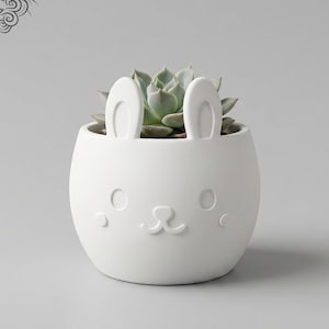 May include: A white ceramic bunny-shaped plant pot with a succulent. The pot features embossed bunny ears and facial details. The succulent has green leaves. The Etsy shop URL is visible at the bottom.