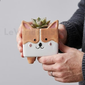 Corgi Ceramic Planter, Cute Dog Succulent Pot, Kawaii Animal Desk Decor, Corgi Lover Gift, Cartoon  Planter, Playful Home Decor