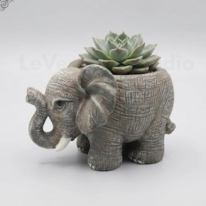 May include: A grey elephant-shaped planter with a textured, wrinkled skin finish, large ears, and white tusks. A green succulent plant is potted inside the hollow back of the elephant. The planter features a detailed, realistic animal design.