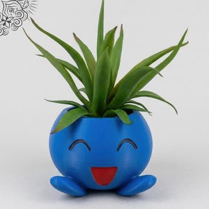 May include: A blue, spherical planter with a smiling face design, holding a green plant with long, pointed leaves. The planter has a red mouth and black eyes. The website address www.LeVeridianStudio.etsy.com is at the bottom.