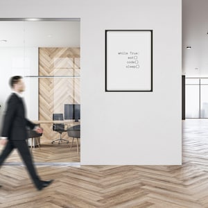 May include: A framed print with the text "while True: eat() code() sleep()" in a modern office setting. The black frame contrasts with the white background. A person in a suit walks past the print.