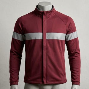 Könnte beinhalten: Burgunderfarbene Trainingsjacke mit durchgehendem Reißverschluss und hohem Kragen. Die Jacke hat einen breiten, horizontalen grauen Streifen über der Brust und den Oberarmen. Die Jacke wird auf einer Schaufensterpuppe präsentiert.