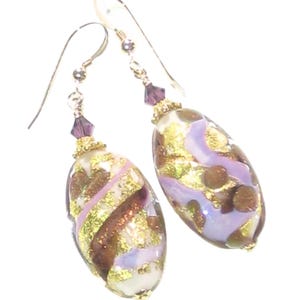 Murano Glass Dangle Earrings: Purple, White, and 24kt Gold