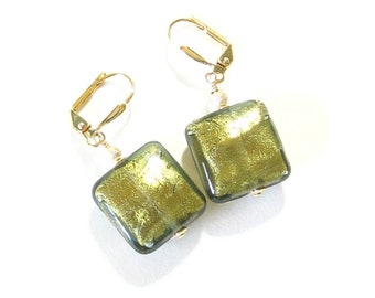 Murano Glass Olive Green Square Gold Earrings, Gold Filled Leverbacks, Venetian Jewelry, Italian Jewelry, Clip-on Earrings For Women