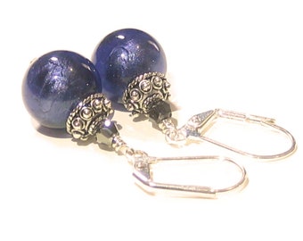 Murano Glass Plum Ball Silver Leverback Earrings, Venetian Jewelry, Christmas Gift, Italian Jewelry, Sterling Clip ons