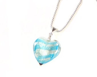 Murano Glass Aqua Striped Heart Pendant Necklace, Venetian Italian Jewelry, Sterling Silver Chain, 16 Inch, 18 Inch, 20 Inch, Christmas gift