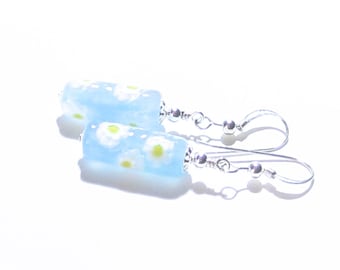 Murano Glass Millefiori Blue Tube Silver Earrings, Sterling Leverback, Daisy Earrings, Venetian Jewelry, Italian Jewelry, Clip ons for Women