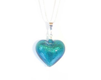 Murano Glass Aqua Green Heart Sterling Silver Pendant Necklace, Venetian Italian Glass Jewelry, For Her, Sterling Chain, Holiday Gift Idea