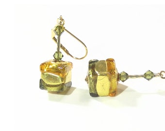 Murano Glass Topaz Olive Green Cube Gold Dangle Earrings, Christmas, Gold Filled Leverbacks, Clip Ons, Italian Jewelry, Gift Idea