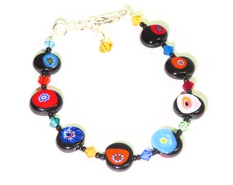 Murano Glass Colorful Millefiori Black Bracelet, Venetian Glass, Italian Jewelry, Gift Idea, Handmade, Christmas Gift