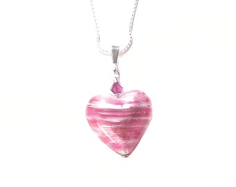 Murano Glass Pink Heart Pendant Necklace, Venetian Italian Jewelry, Sterling Silver Chain, 16 Inch, 18 Inch, 20 Inch, Christmas gift