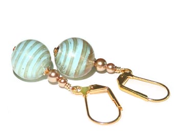 Murano Glass Aquamarine Bronze Drop Earrings, Gold Filled Leverback Earrings, Lampwork Glass, Venetian Italian Glass Jewelry, Gift Idea