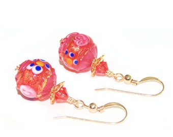 Murano Glass Pink Gold Fiorato Ball Earrings, Gold Filled Leverbacks, Italian Venetian Glass Jewelry, Christmas Gift