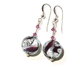 Murano Glass Purple White Swirl Coin Silver Earrings, Sterling Leverbacks, Sterling Clip ons, Venetian Italian Jewelry, Christmas Gift