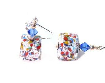 Murano Glass Klimt Cube Earrings, Sterling Silver Leverbacks, Colorful Earrings, Italian Glass Jewelry, Sterling Clip Ons