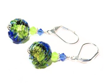 Murano Glass Dark Blue Green Earrings, Sterling Silver Leverbacks, Venetian jewelry, Italian Jewelry,  Bead Earrings, Christmas Gift