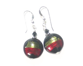 Murano Glass Black Red Green Disc Silver Dangle Earrings, Clip ons, Venetian Jewelry, Italian Jewelry, Lampwork Glass Earrings