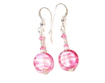 Murano Glass Pink Swirl Coin Silver Earrings, Sterling Leverbacks, Sterling Clip ons, Venetian Italian Jewelry, Dangle Earrings