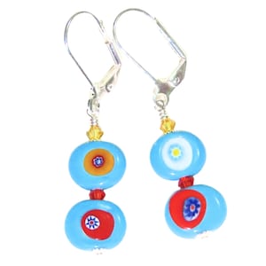 Murano Glass Colorful Millefiori Silver Earrings, Sterling Silver Leverback Earrings, Murano Glass Jewelry, Mother's Day Gift